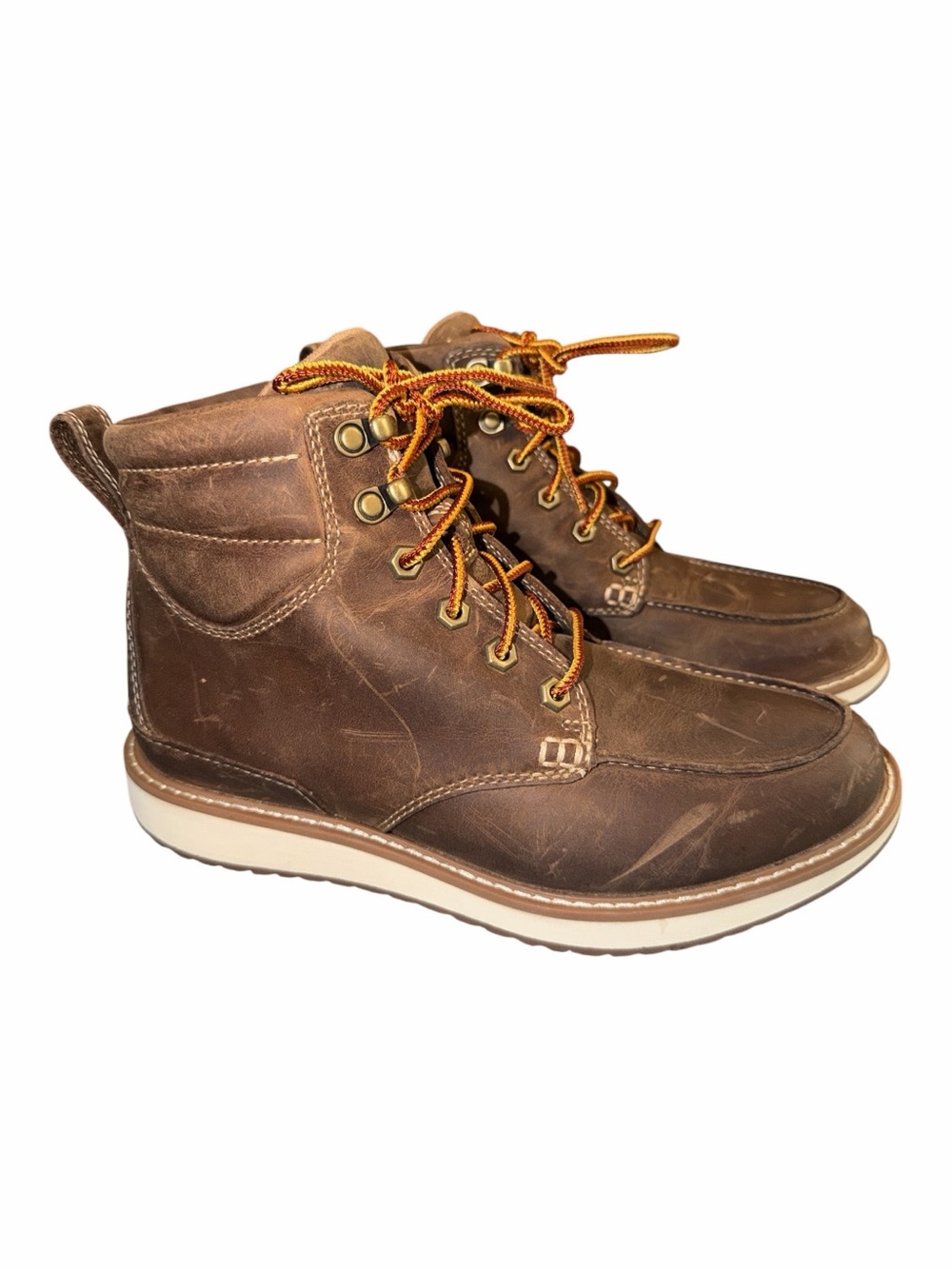 L.L. Bean Brown Leather Moc-Toe Boots with Orange Accent Laces - Picture 2 of 6